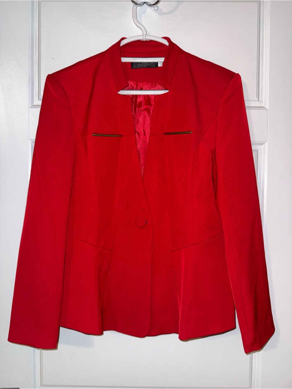 Women’s Red Single-Button Blazer with Gold Accent
